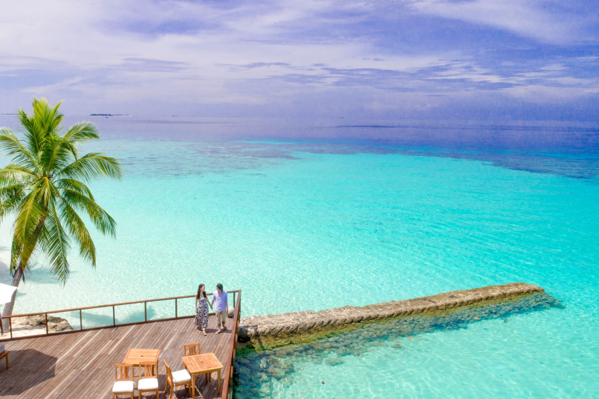 Palm-fringed turquoise tropical shoreline